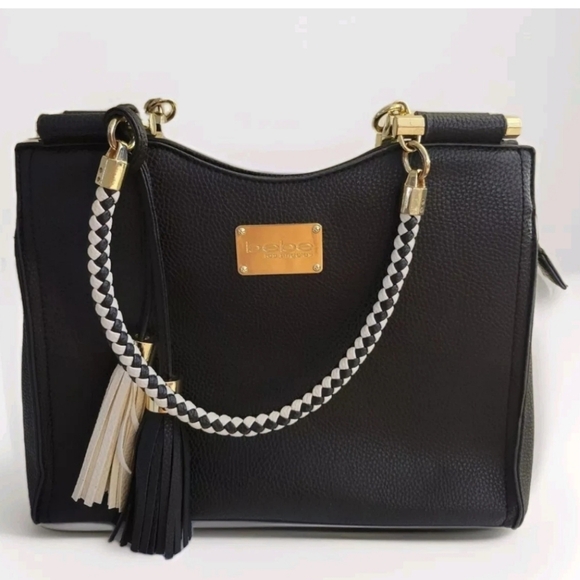 bebe Handbags - NEW BEBE LOS ANGELES BLACK WHITE TASSEL BRAIDED LEATHER BOHO HANDBAG PURSE LARG